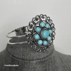 Silver-Tone Filigree Cuff Bracelet with Faux Turquoise Stones